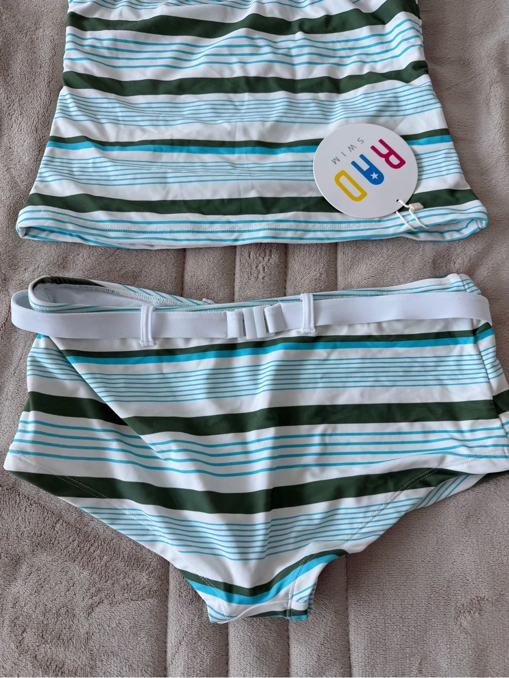 RAD Swim Kimber Tankini Set Size Large Green Blue Striped Boyshort Swimsuit